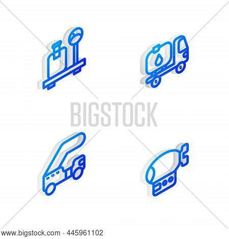 Set Isometric Line Fuel Tanker Truck, Scale With Suitcase, Passenger Ladder And Airship Icon. Vector