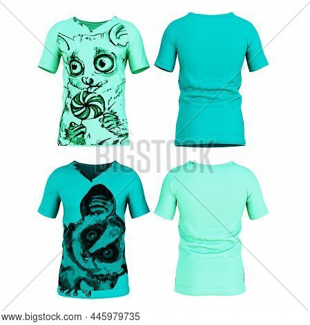 Turquoise T-shirts With A Galago Pattern On A White Background. 3d Rendering