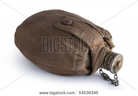 Army Flask In A Fabric Cover. Isolated With Clipping Path