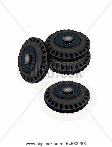A Heap Of Car Wheels Isolated On White Background.