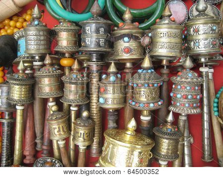 Nepalese hand drums with mantras, prayer tools