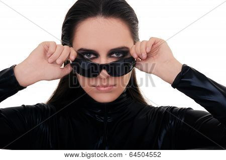 Woman with Sunglasses in Black Leather Suit
