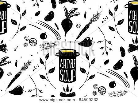 Seamless Pattern Vegetable Soup in Black