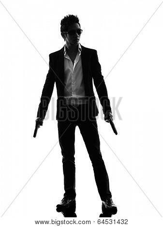 one asian gunman killer standing in silhouette isolated white background