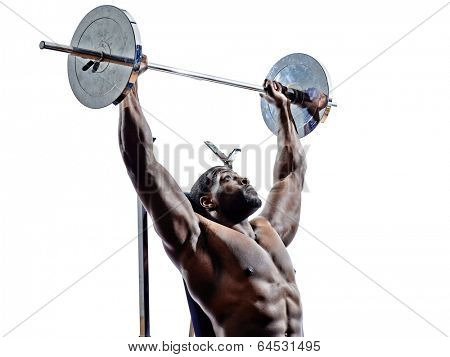one muscular man body builders building weights in silhouettes on white background