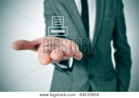 a businessman with an icon of a printer printing a document in his hand