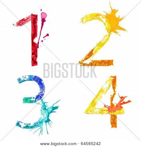 Vector paint splash font 1,2,3,4