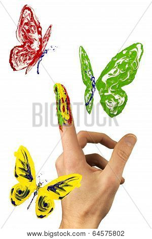 Flock Of Painted Butterflies Flying Around Finger
