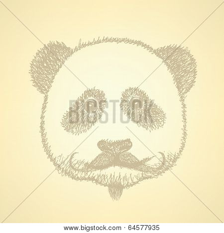 Sketch Panda With Mustache, Vector Background