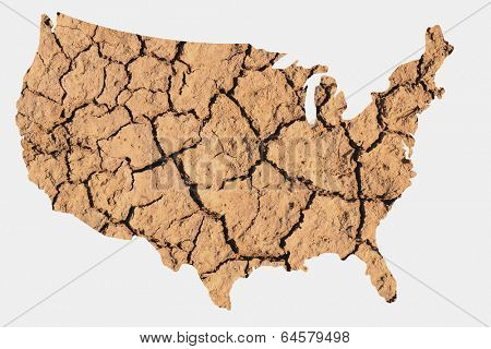 Map shape of the United States with dry parched earth representing drought conditions due to Climate Change also know as Global Warming.