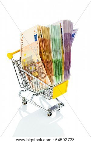 euro bank notes in a shopping cart icon photo for purchasing power, shopping, money printing and inflation