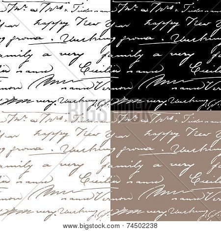 Set Of Samless Patterns With Handwriting Text. Calligraphy Text Background.