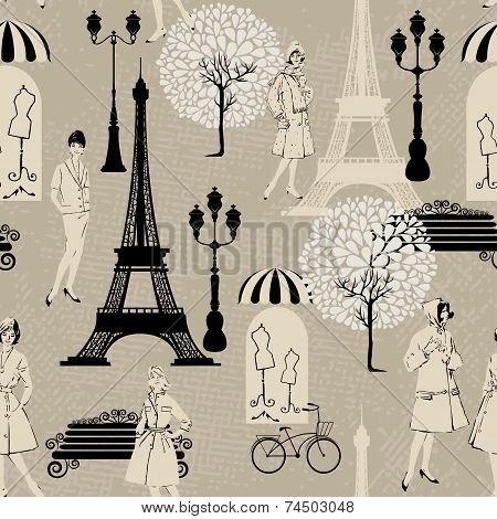 Seamless Pattern - Effel Tower, Street Lights, Old Fashioned Girls  - Background For Fashion Or Reta