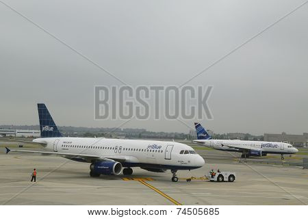 JetBlue Airbus aircrafts taxing at John F Kennedy International Airport in New York