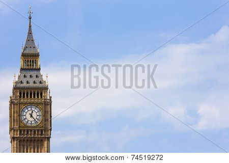 Clock face on the famous landmark clock tower known as Big Ben in London, England. Part of the Palace of Westminster also known as the Houses of Parliament