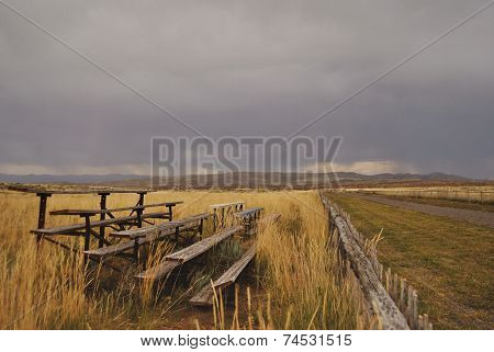 benches in mountain background