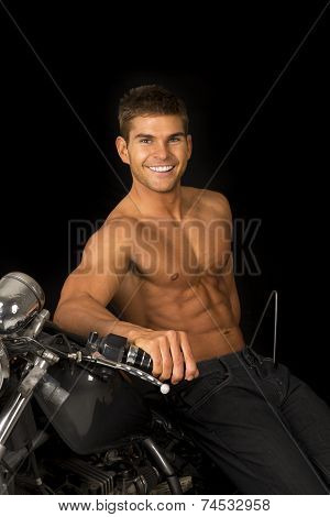 Man No Shirt Motorcycle Black Lean Look Smile