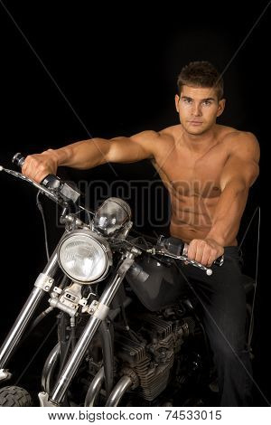 Man No Shirt Motorcycle Black Looking Serious Expression