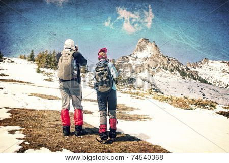 Tourists on a snowy mountain