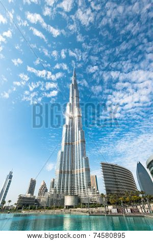 Burj Khalifa Vanishing In Blue Sky In Dubai, Uae.