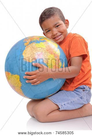 Child  holding  a globe  on the  white background