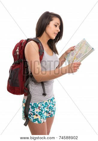 Young cute tourist with map and backpack