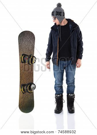 Young man and snowboard