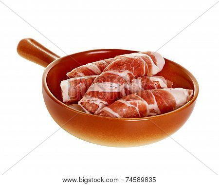 Sausages Wrapped In Bacon In A Frying Pan, Chevapchichi On White Background