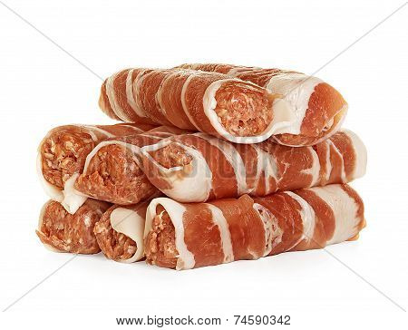 Sausages Wrapped In Bacon, Chevapchichi Isolated On White Background