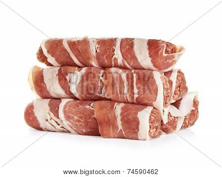 Sausages Wrapped In Bacon, Chevapchichi Isolated On White Background