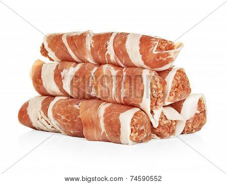 Sausages Wrapped In Bacon, Chevapchichi Isolated On White Background