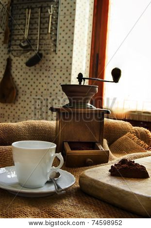 Mocha, coffee and coffee grinder