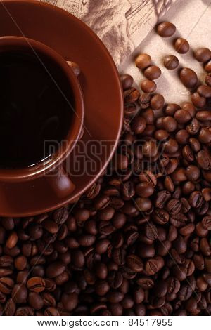 Cup Of Coffee On Beans, View From Above