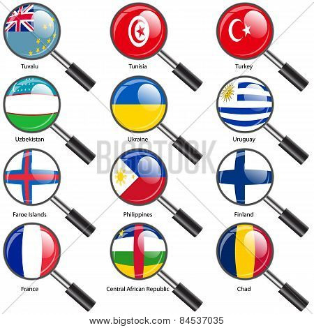 Set  Flags Of World Sovereign States Magnifying Glass. Vector Il