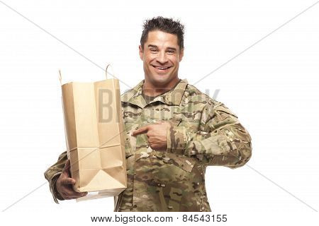 Smiling Army Soldier With Shopping Bag