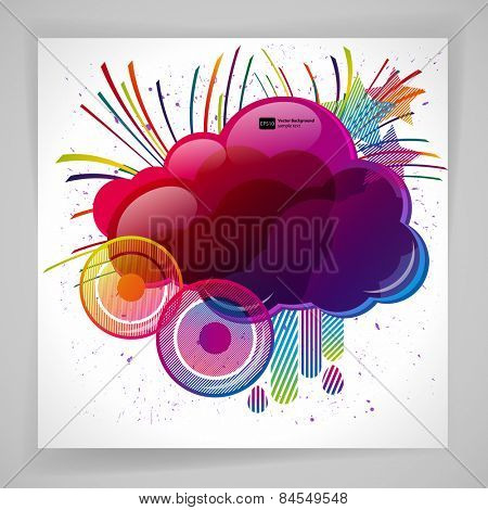 Abstract background with design elemnts. Cloud for your text, stars, speakers, raindrops. Vector illustration.