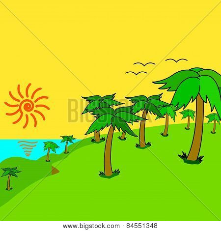 Tropical Palms On The Tropical Island At Sunset.