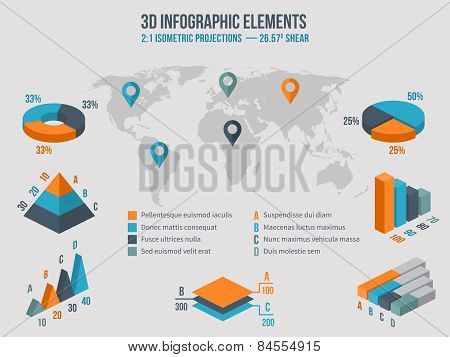 Business infographics elements. Vector 3d charts on map