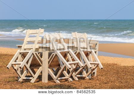 Wood Bench With Sea Background