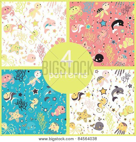 Sea creatures seamless pattern