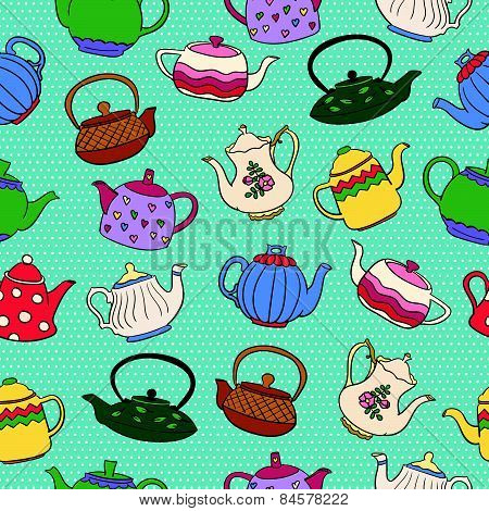 Seamless vector pattern with cute colorful freehand teapots on blue dotted background.