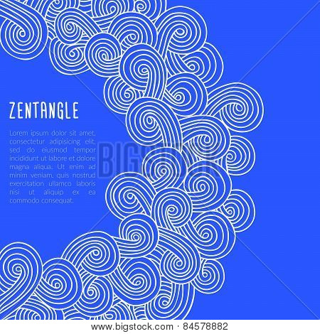 Vector zentangle card (poster) template with white waves on blue background