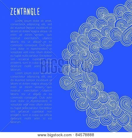 Vector zentangle card (poster) template with white waves on blue background