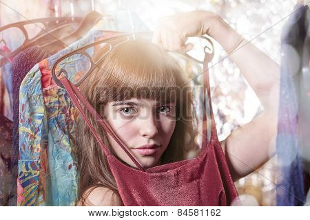 Beautiful Teenage Girl Try A Dress, With Bokeh, Backlit And Light Leak