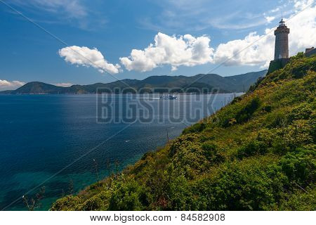 View of the bay and fortress on a rock, Tuscany, Italy