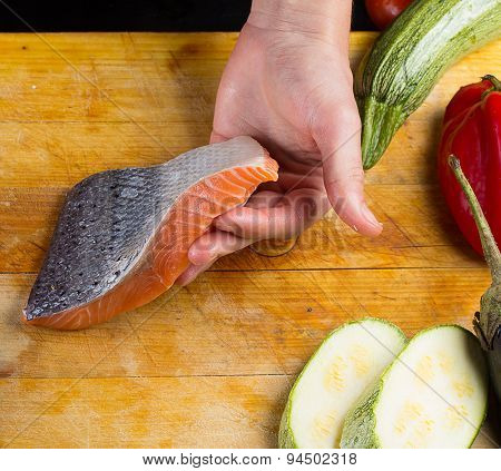 Chef Is Holding Fresh Salmon Filett