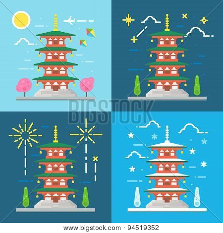 Flat Design 4 Styles Of Chureito Pagoda Japan