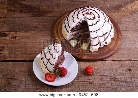 Pie Of Pancho From A Chocolate Biscuit And The Pineapple Slices, Decorated With The Swept Away Cream