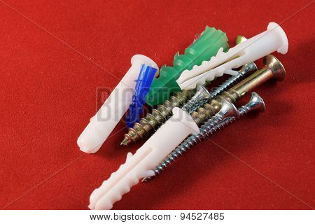 Close up different kinds and number of screws, Rawlplug and Drill Bits