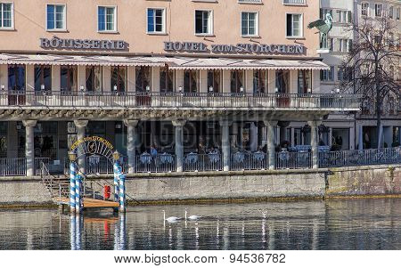 Limmat River And Hotel Zum Storchen Building